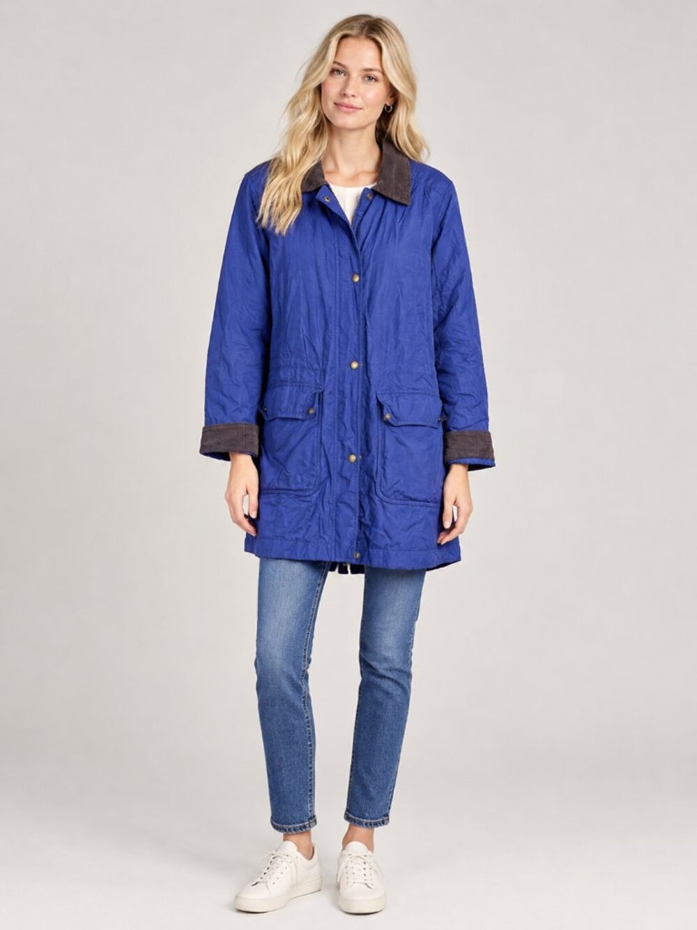 Lands' End Lined Button-Down Utility Canvas Barn Jacket Flap Pocket Navy #A5212